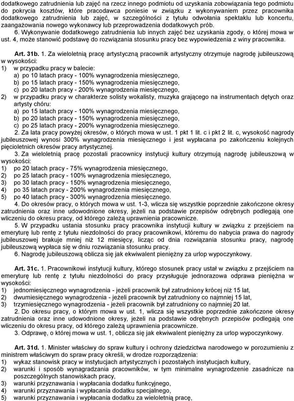 Wykonywanie dodatkowego zatrudnienia lub innych zajęć bez uzyskania zgody, o której mowa w ust. 4, może stanowić podstawę do rozwiązania stosunku pracy bez wypowiedzenia z winy pracownika. Art. 31b.