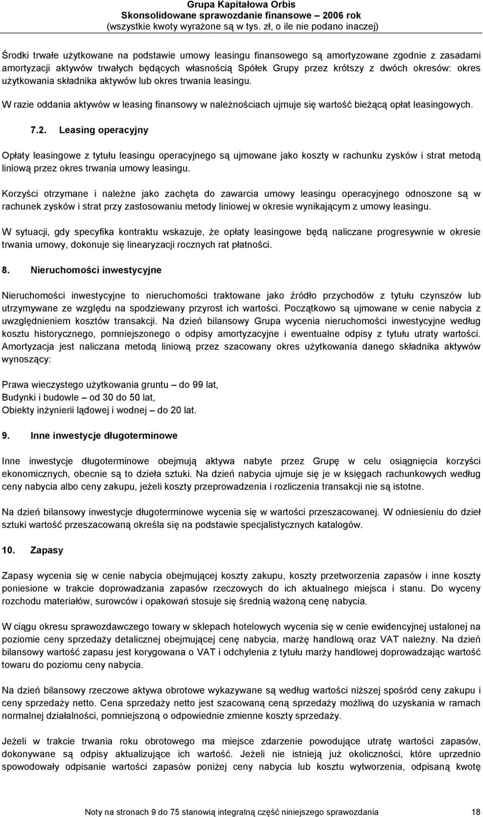 Leasing operacyjny Opłaty leasingowe z tytułu leasingu operacyjnego są ujmowane jako koszty w rachunku zysków i strat metodą liniową przez okres trwania umowy leasingu.