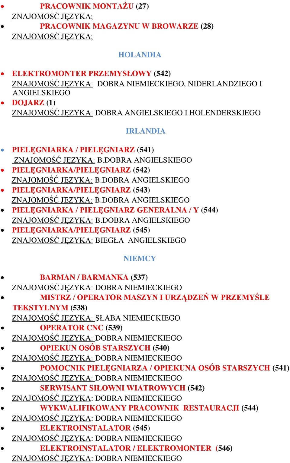 DOBRA ANGIELSKIEGO PIELĘGNIARKA/PIELĘGNIARZ (543) ZNAJOMOŚĆ JĘZYKA: B.DOBRA ANGIELSKIEGO PIELĘGNIARKA / PIELĘGNIARZ GENERALNA / Y (544) ZNAJOMOŚĆ JĘZYKA: B.