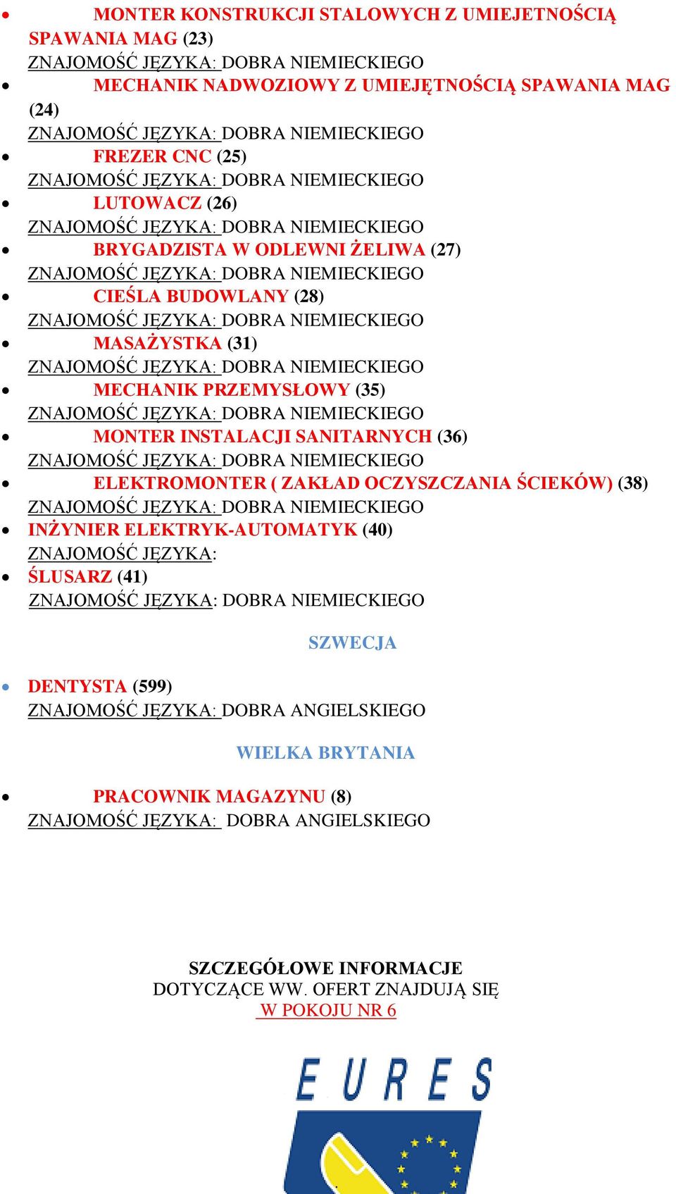 ZAKŁAD OCZYSZCZANIA ŚCIEKÓW) (38) INŻYNIER ELEKTRYK-AUTOMATYK (40) ZNAJOMOŚĆ JĘZYKA: ŚLUSARZ (41) SZWECJA DENTYSTA (599) ZNAJOMOŚĆ JĘZYKA: DOBRA