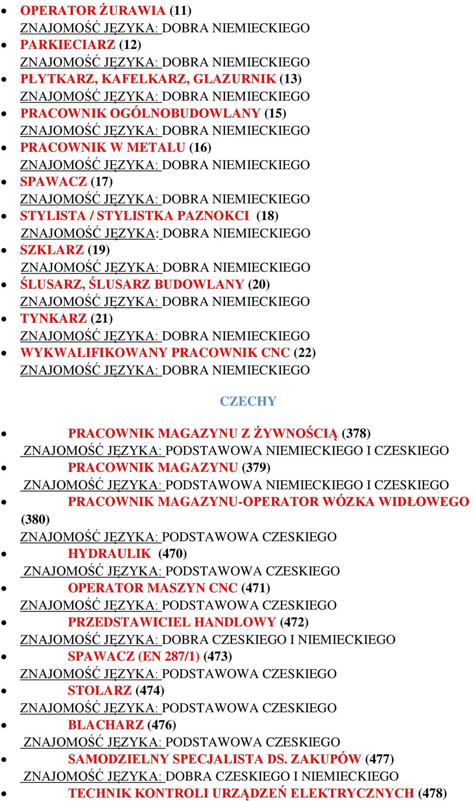 ZNAJOMOŚĆ JĘZYKA: PODSTAWOWA NIEMIECKIEGO I CZESKIEGO PRACOWNIK MAGAZYNU-OPERATOR WÓZKA WIDŁOWEGO (380) HYDRAULIK (470) OPERATOR MASZYN CNC (471) PRZEDSTAWICIEL HANDLOWY (472) ZNAJOMOŚĆ JĘZYKA: DOBRA