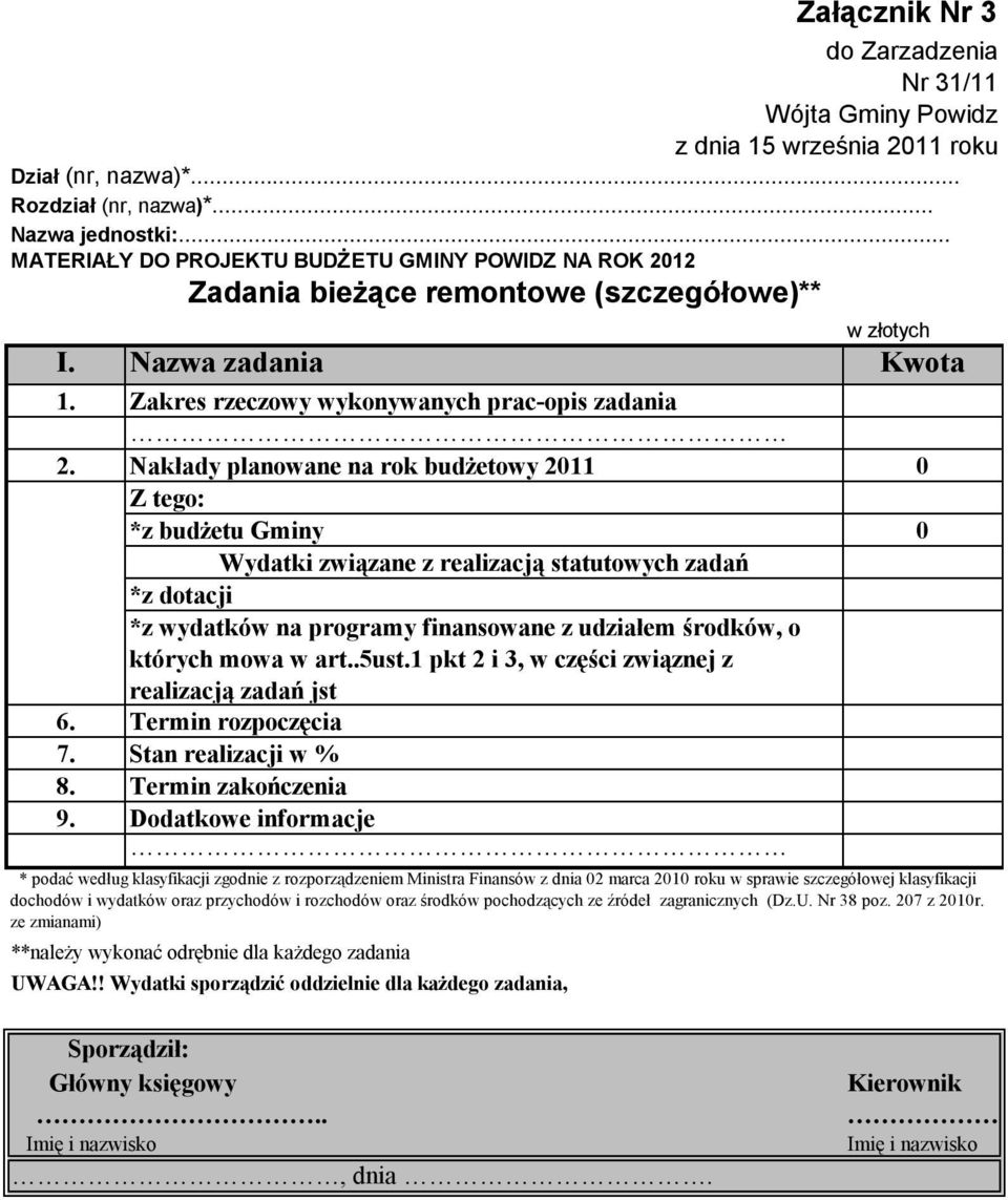 Nakłady planowane na rok budżetowy 2011 0 Z tego: *z budżetu Gminy 0 Wydatki związane z realizacją statutowych zadań *z dotacji *z wydatków na programy finansowane z udziałem środków, o których mowa