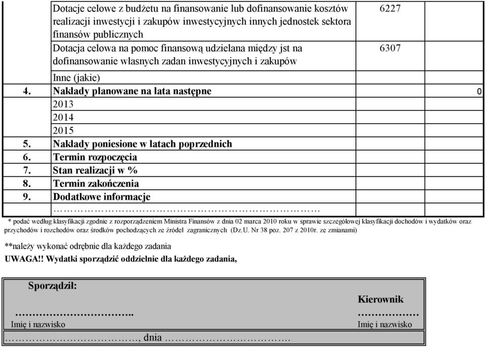 Nakłady poniesione w latach poprzednich 6. Termin rozpoczęcia 7. Stan realizacji w % 8. Termin zakończenia 9.