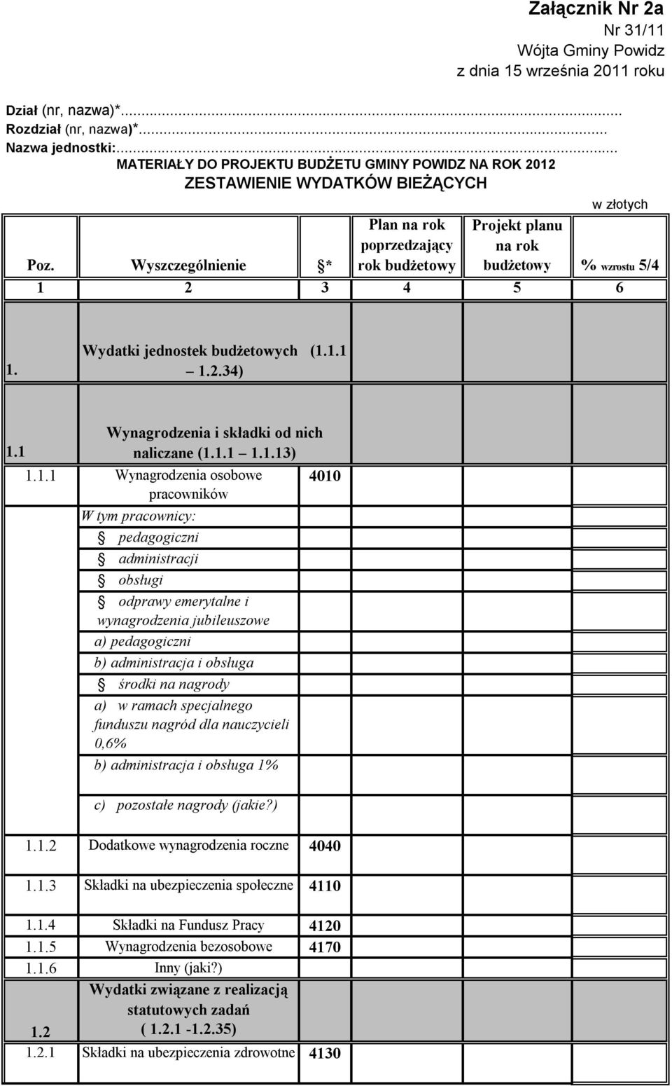 Wyszczególnienie * Plan na rok poprzedzający rok budżetowy Projekt planu na rok budżetowy % wzrostu 5/4 1 2 3 4 5 6 1. Wydatki jednostek budżetowych (1.1.1 1.2.34) Wynagrodzenia i składki od nich 1.