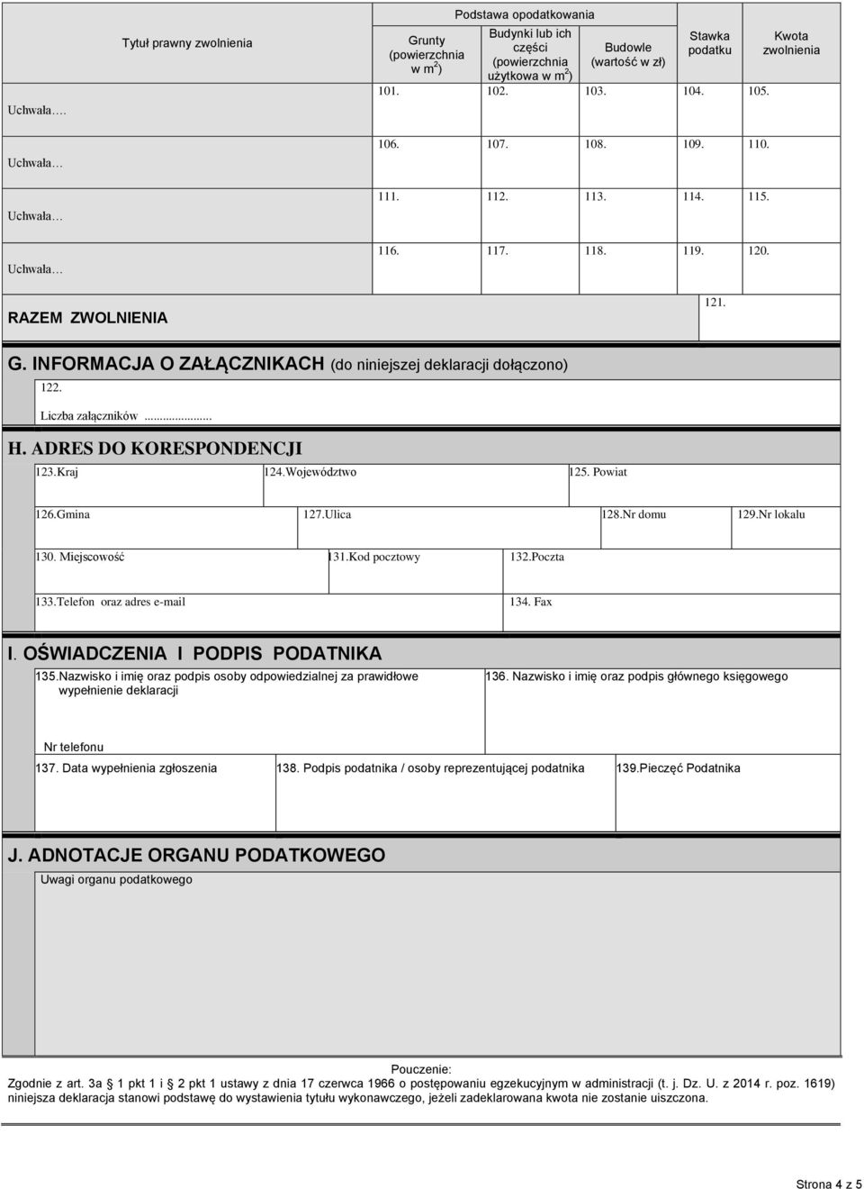 Gmina 127.Ulica 128.Nr domu 129.Nr lokalu 130. Miejscowość 131.Kod pocztowy 132.Poczta 133.Telefon oraz adres e-mail 134. Fax I. OŚWIADCZENIA I PODPIS PODATNIKA 135.