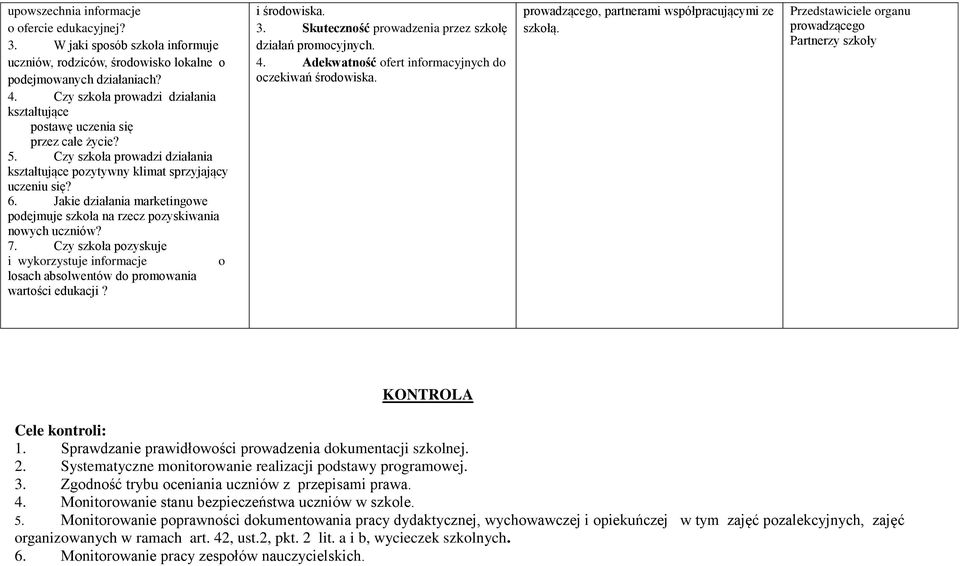 Jakie działania marketingowe podejmuje szkoła na rzecz pozyskiwania nowych uczniów? 7. Czy szkoła pozyskuje i wykorzystuje informacje o losach absolwentów do promowania wartości edukacji?