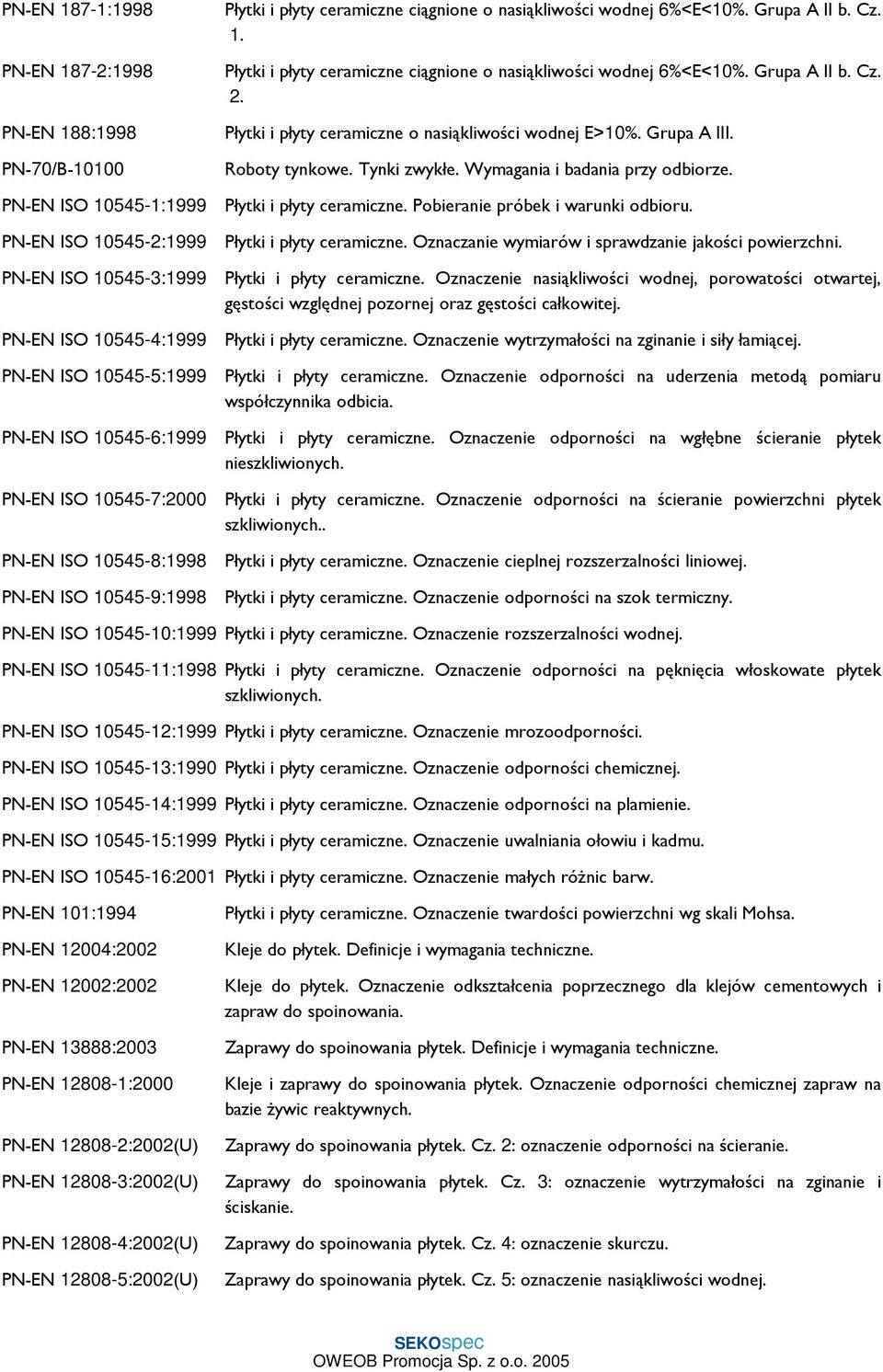 Płytki i płyty ceramiczne o nasiąkliwości wodnej E>10%. Grupa A III. Roboty tynkowe. Tynki zwykłe. Wymagania i badania przy odbiorze. Płytki i płyty ceramiczne. Pobieranie próbek i warunki odbioru.