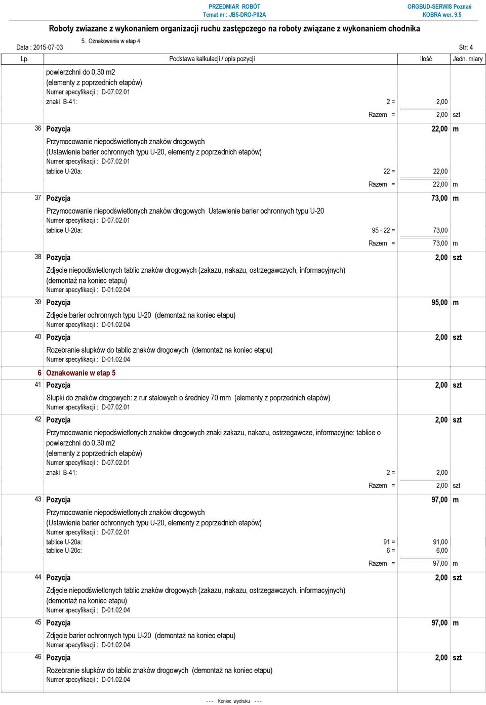 barier ochronnych typu U-20, elementy z poprzednich etapów) tablice U-20a: 22 = 22,00 Razem = 22,00 m 37 Pozycja 73,00 m Przymocowanie niepodświetlonych znaków drogowych Ustawienie barier ochronnych