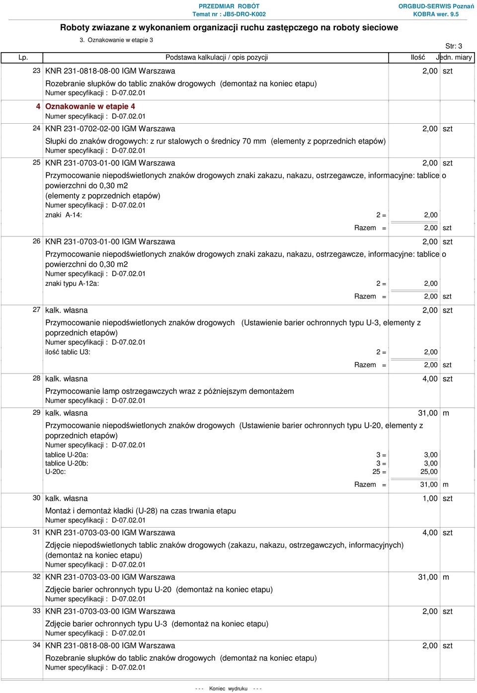 (elementy z poprzednich etapów) 25 KNR 231-0703-01-00 IGM Warszawa 2,00 szt (elementy z poprzednich etapów) znaki A-14: 2 = 2,00 Razem = 2,00 szt 26 KNR 231-0703-01-00 IGM Warszawa 2,00 szt znaki