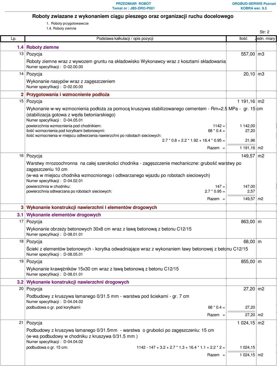 00.00 2 Przygotowania i wzmocnienie podłoża 15 Pozycja 1 191,16 m2 Wykonanie w-wy wzmocnienia podłoża za pomocą kruszywa stabilizowanego cementem - Rm=2.5 MPa - gr.