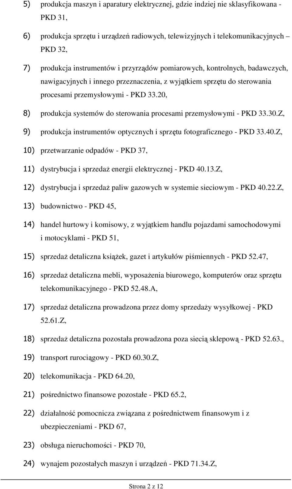 20, 8) produkcja systemów do sterowania procesami przemysłowymi - PKD 33.30.Z, 9) produkcja instrumentów optycznych i sprzętu fotograficznego - PKD 33.40.