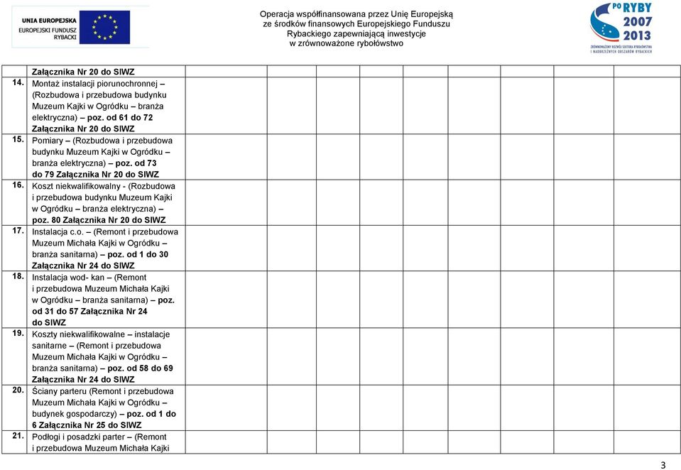 Koszt niekwalifikowalny - (Rozbudowa i przebudowa budynku Muzeum Kajki w Ogródku branża elektryczna) poz. 80 Załącznika Nr 20 17. Instalacja c.o. (Remont i przebudowa Muzeum Michała Kajki w Ogródku branża sanitarna) poz.
