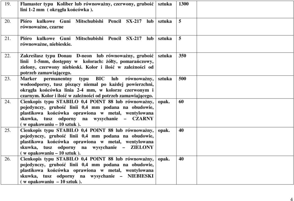 Zakreślasz typu Donau D-neon lub równowaŝny, grubość linii 1-5mm, dostępny w kolorach: Ŝółty, pomarańczowy, zielony, czerwony niebieski. Kolor i ilość w zaleŝności od potrzeb zamawiającego. 23.