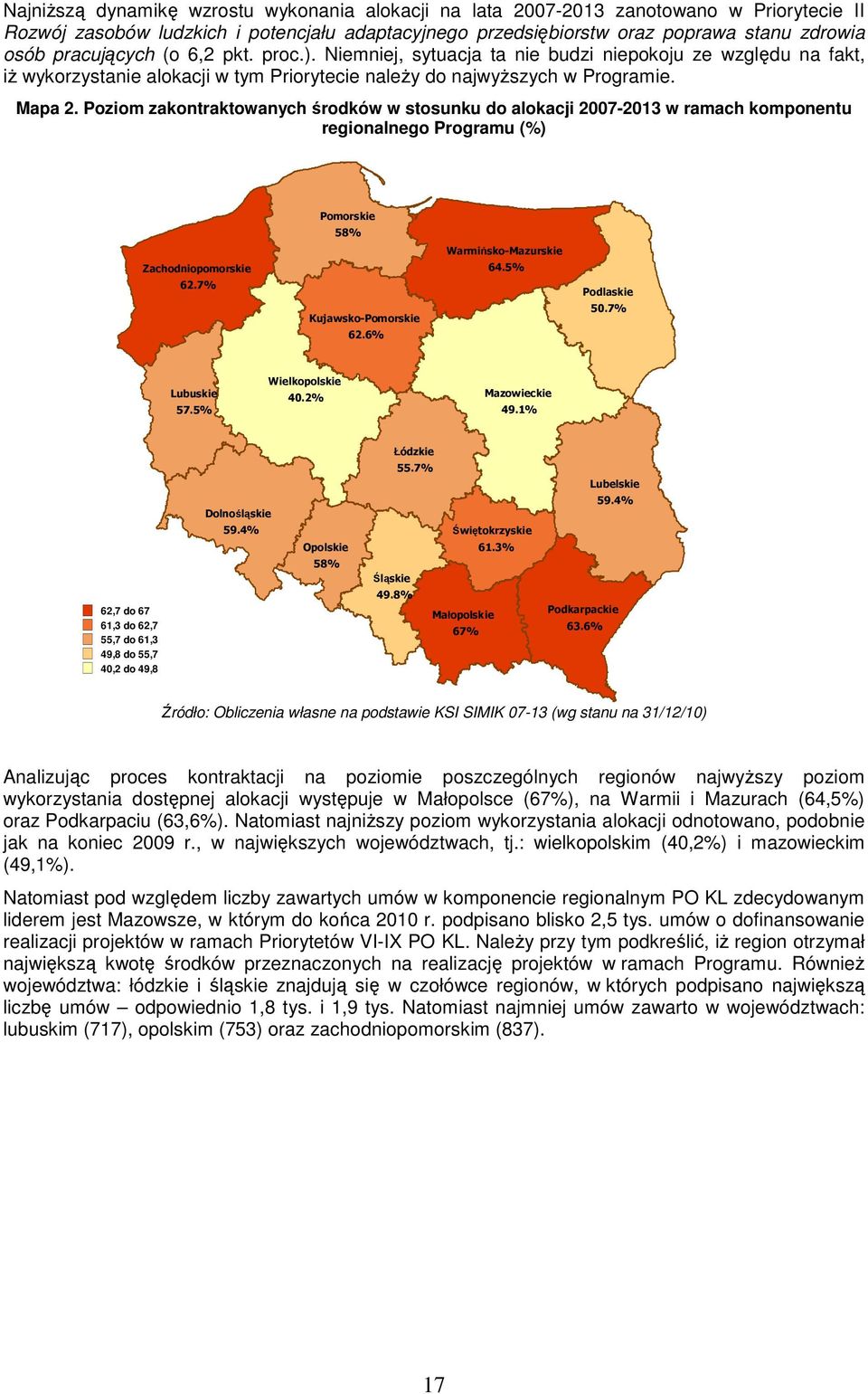 Poziom zakontraktowanych środków w stosunku do alokacji 27-213 w ramach komponentu regionalnego Programu (%) Pomorskie 58% Warmińsko-Mazurskie Zachodniopomorskie 64.5% 62.7% Kujawsko-Pomorskie 62.