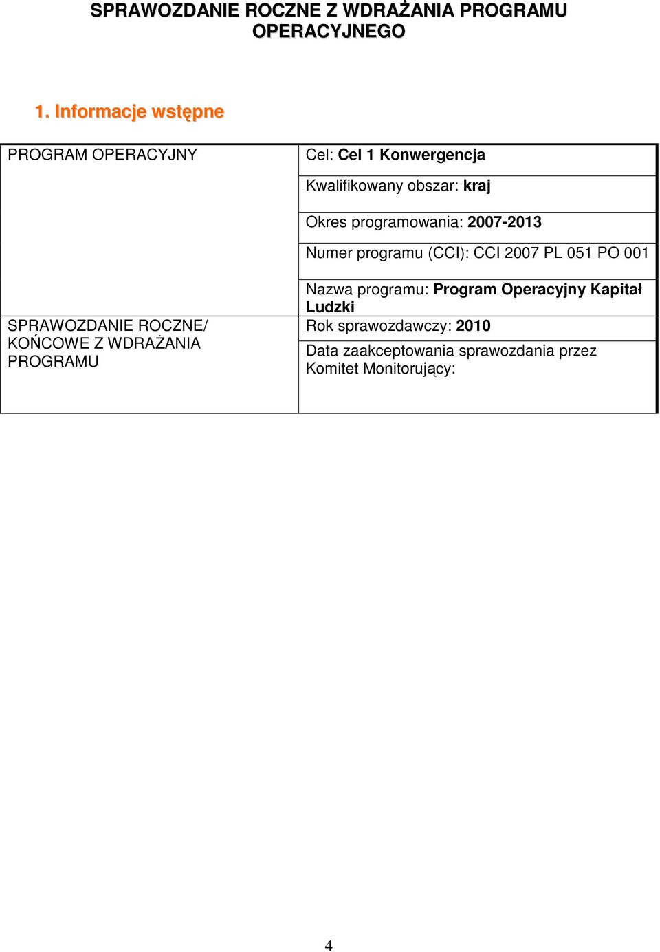 programowania: 27-213 Numer programu (CCI): CCI 27 PL 51 PO 1 SPRAWOZDANIE ROCZNE/ KOŃCOWE Z