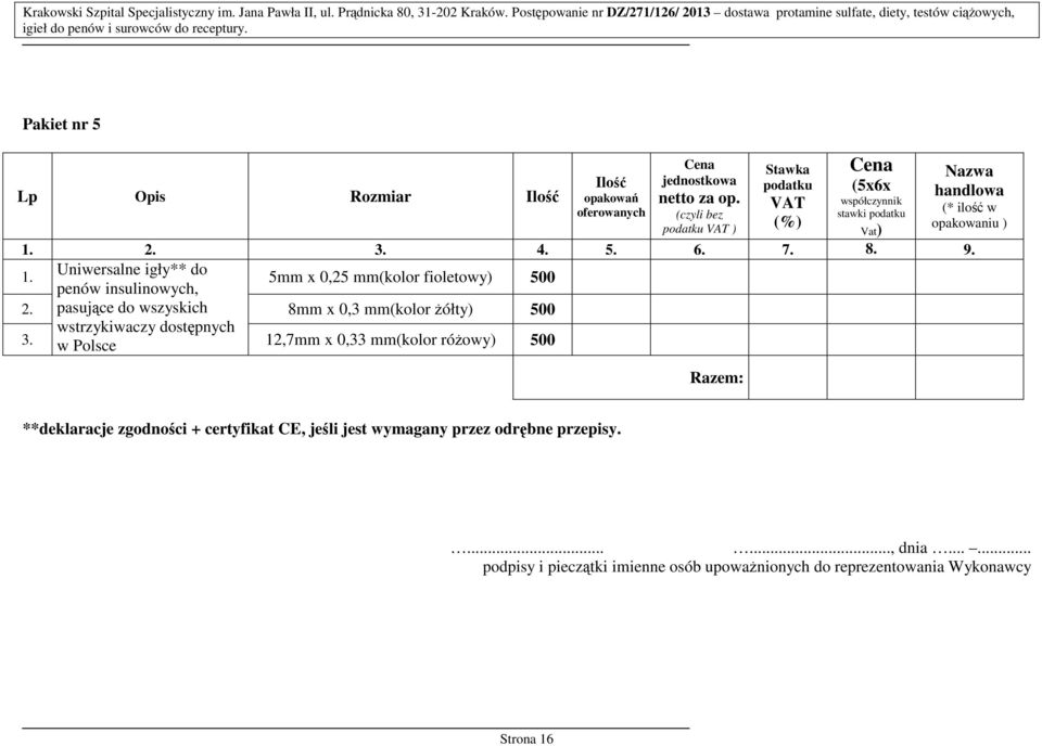 Pakiet nr 5 Lp Opis Rozmiar Ilość Ilość opakowań oferowanych jednostkowa netto za op.