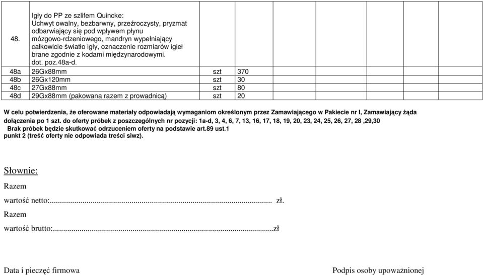 48a 26Gx88mm szt 370 48b 26Gx120mm szt 30 48c 27Gx88mm szt 80 48d 29Gx88mm (pakowana razem z prowadnicą) szt 20 W celu potwierdzenia, że oferowane materiały odpowiadają wymaganiom określonym przez
