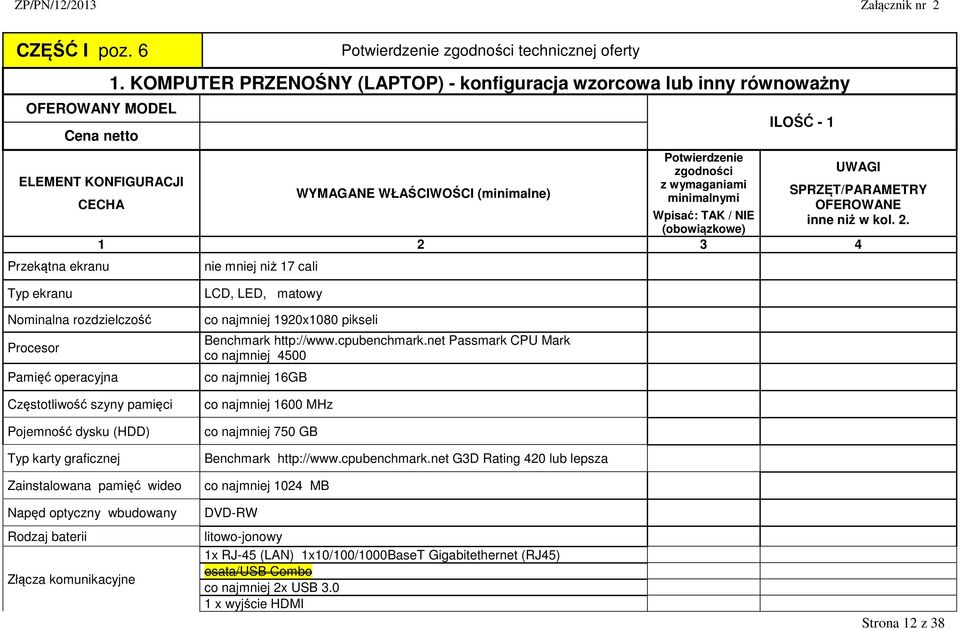 net Passmark CPU Mark co najmniej 4500 co najmniej 16GB Częstotliwość szyny pamięci Pojemność dysku (HDD) Typ karty graficznej Zainstalowana pamięć wideo co najmniej 1600 MHz co najmniej 750 GB