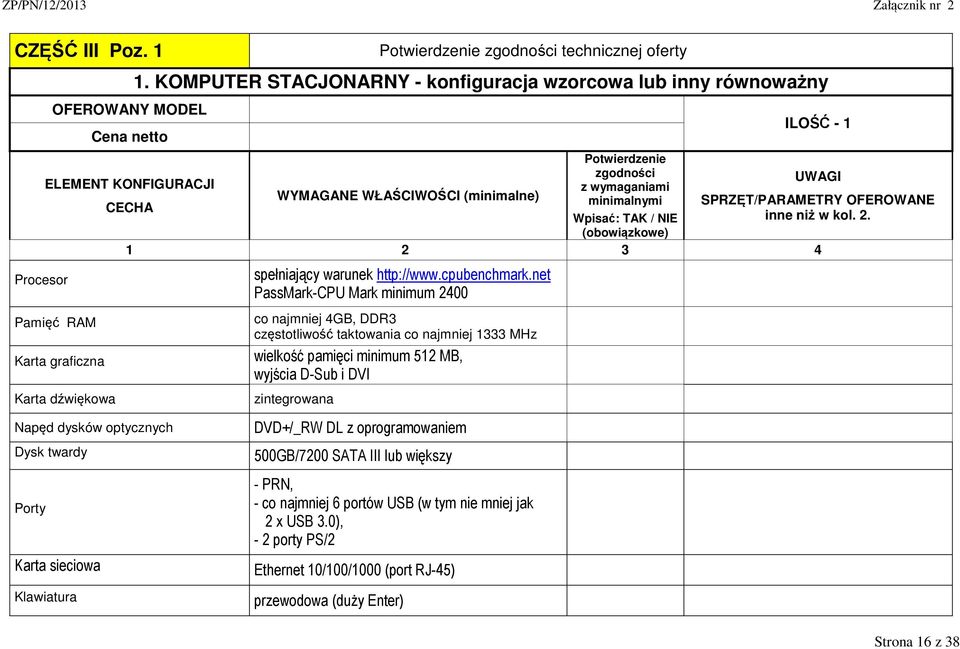 net PassMark-CPU Mark minimum 2400 co najmniej 4GB, DDR3 częstotliwość taktowania co najmniej 1333 MHz wielkość pamięci minimum 512 MB, wyjścia D-Sub i DVI zintegrowana DVD+/_RW DL z