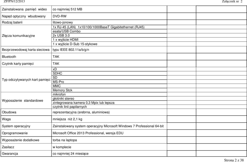 11a/b/g/n Bluetooth Czytnik karty pamięci Typ odczytywanych kart pamięci Wyposażenie standardowe Obudowa Waga System operacyjny Oprogramowanie Wyposażenie dodatkowe Zasilacz TAK TAK xd SDHC SD MS-Pro