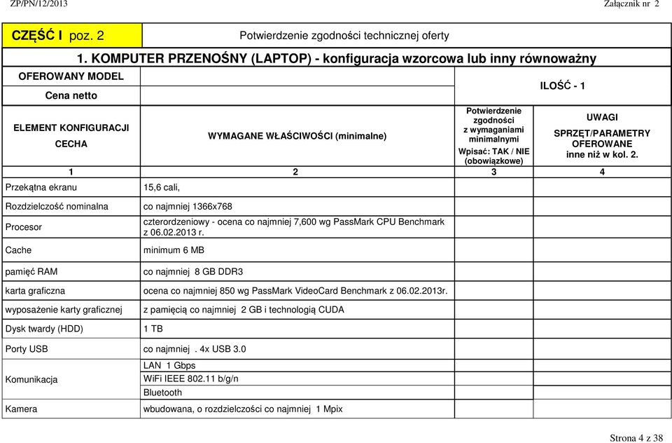 Przekątna ekranu 15,6 cali, Rozdzielczość nominalna Procesor Cache pamięć RAM karta graficzna wyposażenie karty graficznej Dysk twardy (HDD) co najmniej 1366x768 czterordzeniowy - ocena co