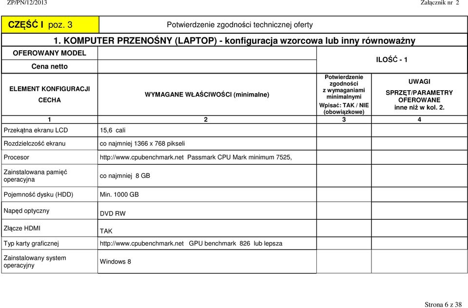 Przekątna ekranu LCD 15,6 cali Rozdzielczość ekranu co najmniej 1366 x 768 pikseli Procesor http://www.cpubenchmark.