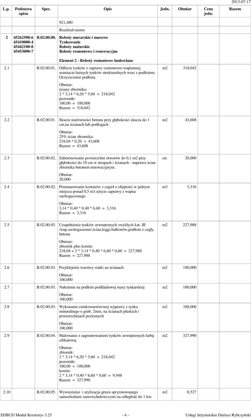 3 B.02.00.02. Zabetonowanie powierzchni otworów do 0,1 m2 przy głębokości do 10 cm w stropach i ścianach - naprawa ścian zbiornika betonem renowacyjnym. 20,000 2.4 B.02.00.02. Przemurowanie kominów z cegieł o objętości w jednym miejscu ponad 0,5 m3.