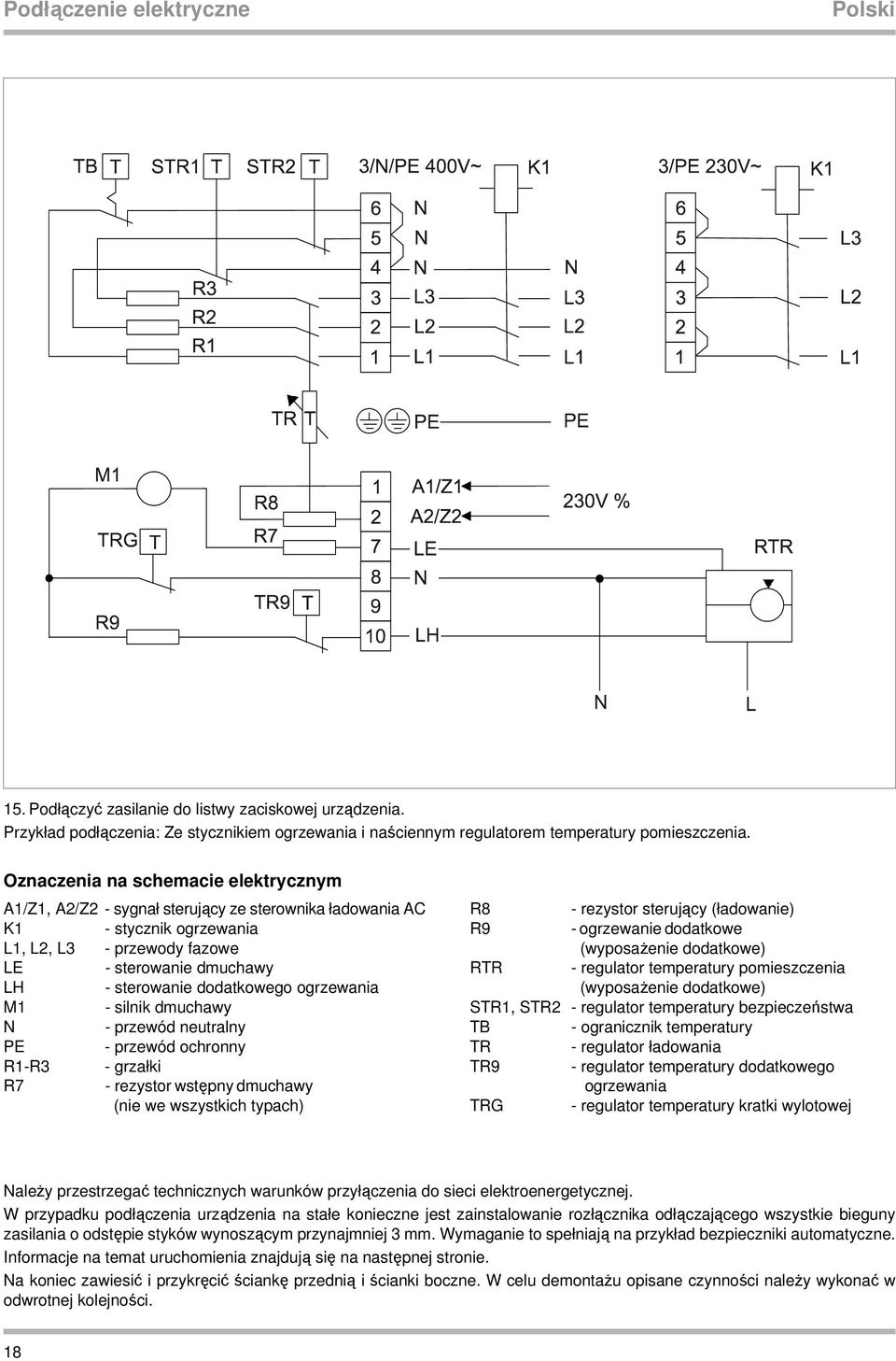 dodatkowego ogrzewania M1 - silnik dmuchawy N - przewód neutralny PE - przewód ochronny R1-R3 - grzałki R7 - rezystor wstępny dmuchawy (nie we wszystkich typach) R8 - rezystor sterujący (ładowanie)