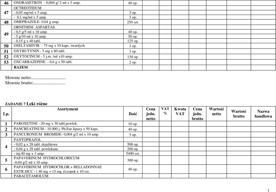 53 OXCARBAZEPINE - 0,6 g x 50 tabl. 2 op. RAZEM Słownie :... Słownie :... ZADANIE 7 Leki różne Lp. Asortyment Ilość 1 PAROXETINE - 20 mg x 30 tabl.powlek. 10 op. 2 PANCREATINUM - 10 000 j. Ph.Eur.