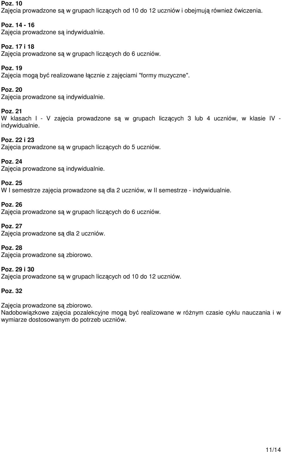 Poz. 22 i 23 Zajęcia prowadzone są w grupach liczących do 5 uczniów. Poz. 24 Zajęcia prowadzone są indywidualnie. Poz. 25 W I semestrze zajęcia prowadzone są dla 2 uczniów, w II semestrze - indywidualnie.