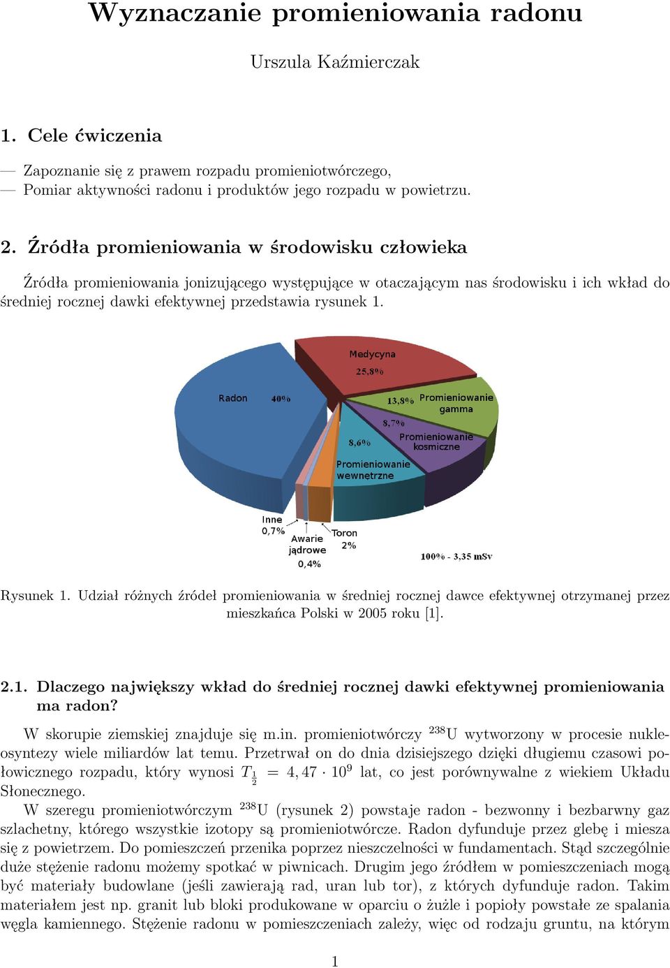 Rysunek 1. Udział różnych źródeł promieniowania w średniej rocznej dawce efektywnej otrzymanej przez mieszkańca Polski w 005 roku [1]..1. Dlaczego największy wkład do średniej rocznej dawki efektywnej promieniowania ma radon?