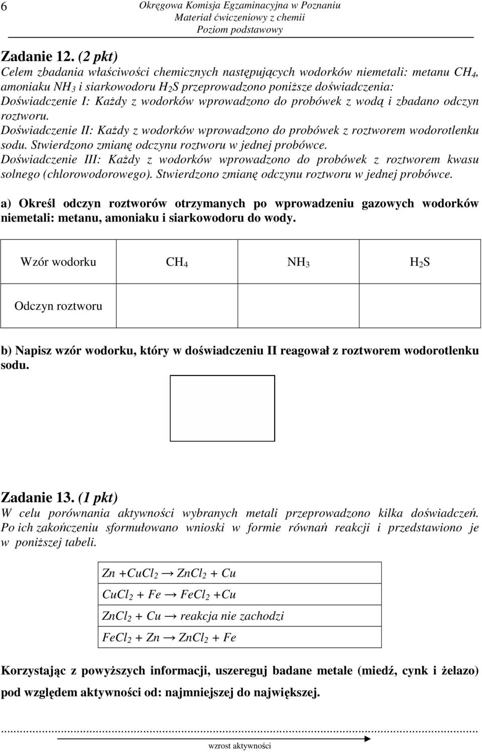 wodorków wprowadzono do probówek z wodą i zbadano odczyn roztworu. Doświadczenie II: KaŜdy z wodorków wprowadzono do probówek z roztworem wodorotlenku sodu.