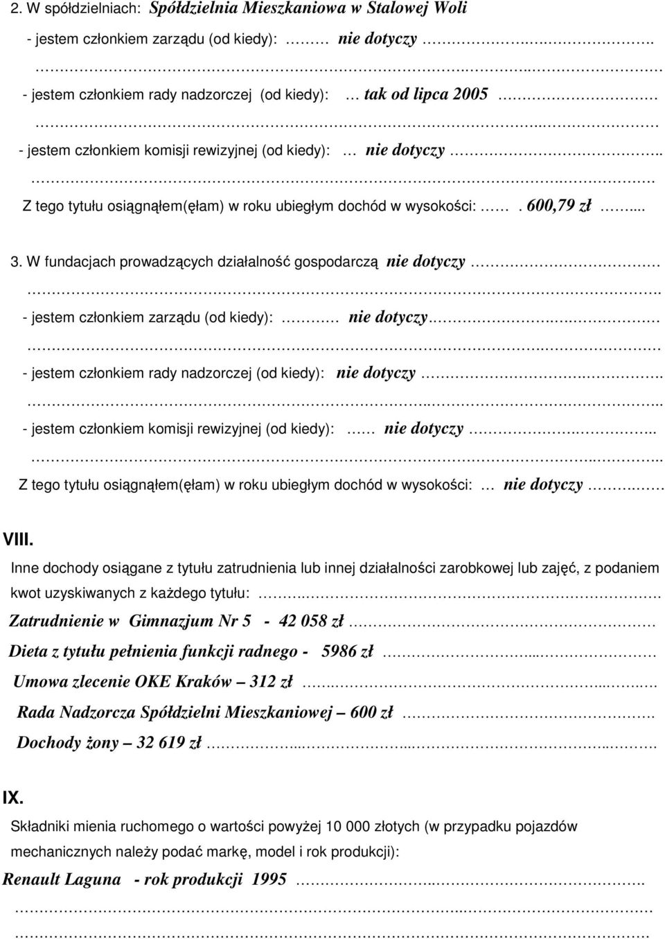 W fundacjach prowadzących działalność gospodarczą nie dotyczy - jestem członkiem zarządu (od kiedy): nie dotyczy.... - jestem członkiem rady nadzorczej (od kiedy): nie dotyczy.