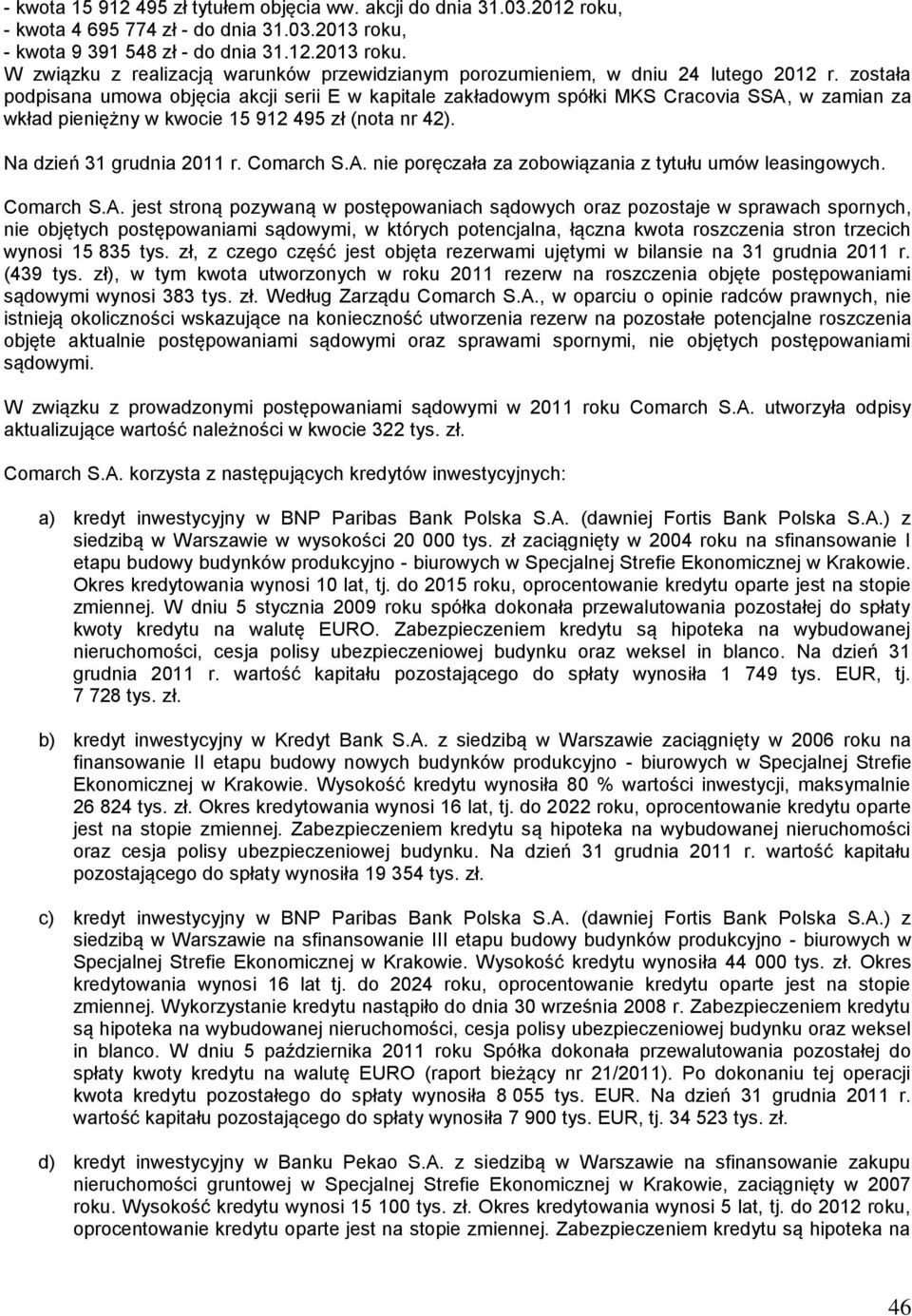 została podpisana umowa objęcia akcji serii E w kapitale zakładowym spółki MKS Cracovia SSA, w zamian za wkład pieniężny w kwocie 15 912 495 zł (nota nr 42). Na dzień 31 grudnia 2011 r. Comarch S.A. nie poręczała za zobowiązania z tytułu umów leasingowych.