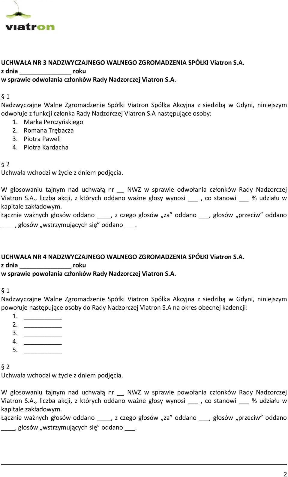 W głosowaniu tajnym nad uchwałą nr NWZ w sprawie odwołania członków Rady Nadzorczej Viatron S.A., liczba akcji, z których oddano ważne głosy wynosi, co stanowi % udziału w kapitale zakładowym.