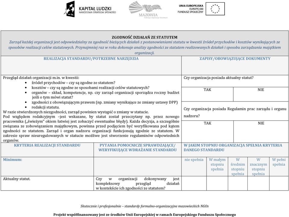 REALIZACJA STANDARDU/POTRZEBNE NARZĘDZIA ZAPISY/OBOIĄZUJĄCE DOKUMENTY Przegląd działań organizacji m.in. w kwestii: źródeł przychodów czy są zgodne ze statutem?