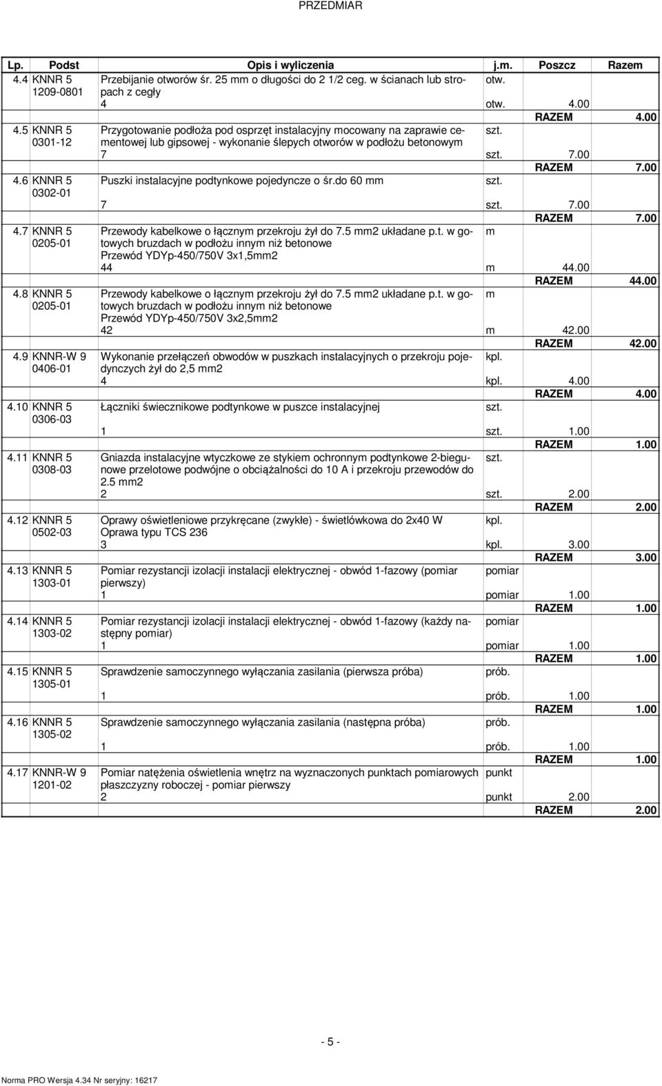 6 KNNR 5 Puszki instalacyjne podtynkowe pojedyncze o śr.do 60 7 7.00 RAZEM 7.00 4.7 KNNR 5 Przewody kabelkowe o łączny przekroju żył do 7.5 2 układane p.t. w gotowych bruzdach w podłożu inny niż betonowe Przewód YDYp-450/750V 3x1,52 44 44.