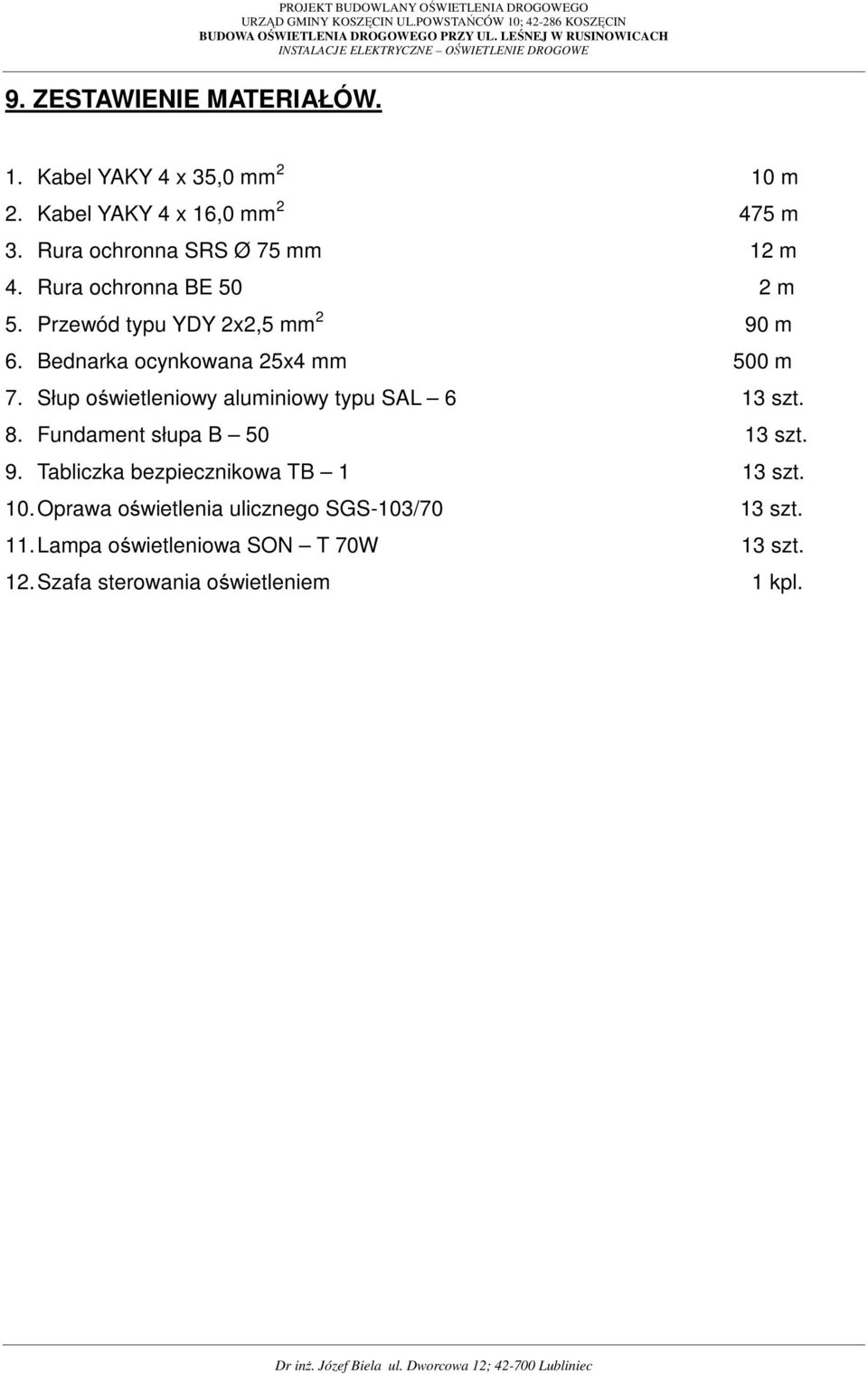 Bednarka ocynkowana 25x4 mm 500 m 7. Słup oświetleniowy aluminiowy typu SAL 6 13 szt. 8. Fundament słupa B 50 13 szt. 9.