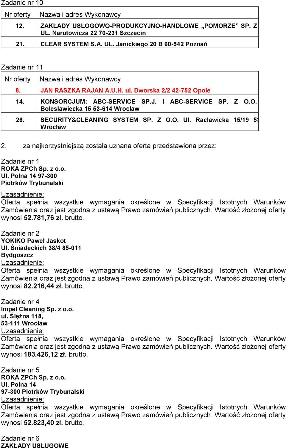 Racławicka 15/19 53-149 2. za najkorzystniejszą została uznana oferta przedstawiona przez: Zadanie nr 1 ROKA ZPCh Sp. z o.o. Ul. Polna 14 97-300 Piotrków Trybunalski wynosi 52.781,76 zł. brutto.