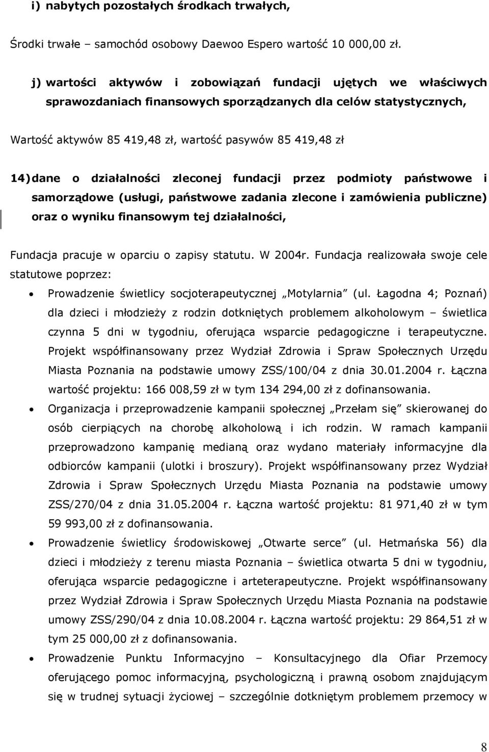 o działalności zleconej fundacji przez podmioty państwowe i samorządowe (usługi, państwowe zadania zlecone i zamówienia publiczne) oraz o wyniku finansowym tej działalności, Fundacja pracuje w