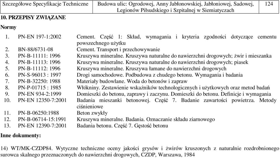 PN-B-11112: 1996 Kruszywa mineralne. Kruszywa łamane do nawierzchni drogowych 6. PN-S-96013 : 1997 Drogi samochodowe. Podbudowa z chudego betonu. Wymagania i badania 7.