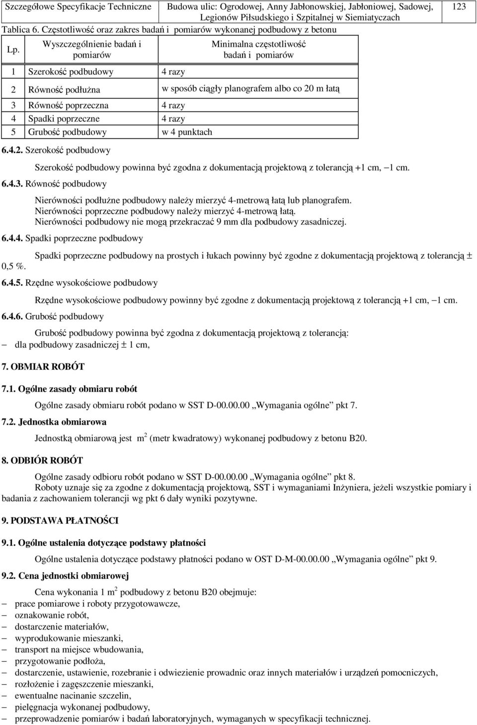 Spadki poprzeczne 4 razy 5 Grubość podbudowy w 4 punktach 6.4.2. Szerokość podbudowy Szerokość podbudowy powinna być zgodna z dokumentacją projektową z tolerancją +1 cm, 1 cm. 6.4.3.