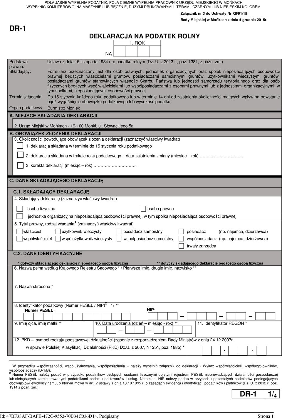 o podatku rolnym (Dz. U. z 2013 r., poz. 1381, z późn. zm.) Rady Miejskiej w Mońkach z dnia 4 grudnia 2015r.