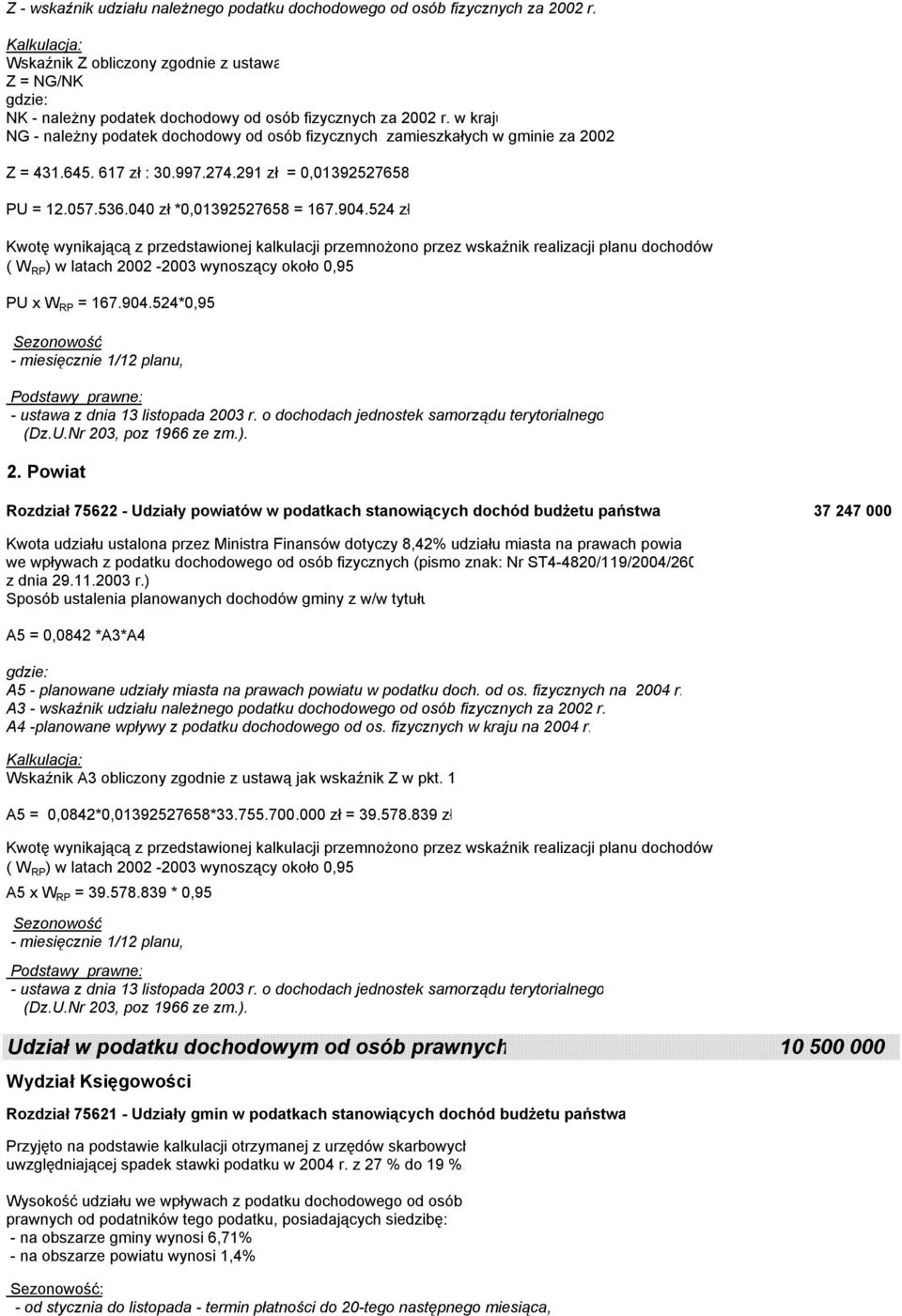 w kraju NG - należny podatek dochodowy od osób fizycznych zamieszkałych w gminie za 2002 r. Z = 431.645. 617 zł : 30.997.274.291 zł = 0,01392527658 PU = 12.057.536.040 zł *0,01392527658 = 167.904.