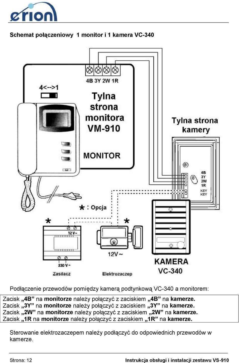 Zacisk 2W na monitorze należy połączyć z zaciskiem 2W na kamerze.