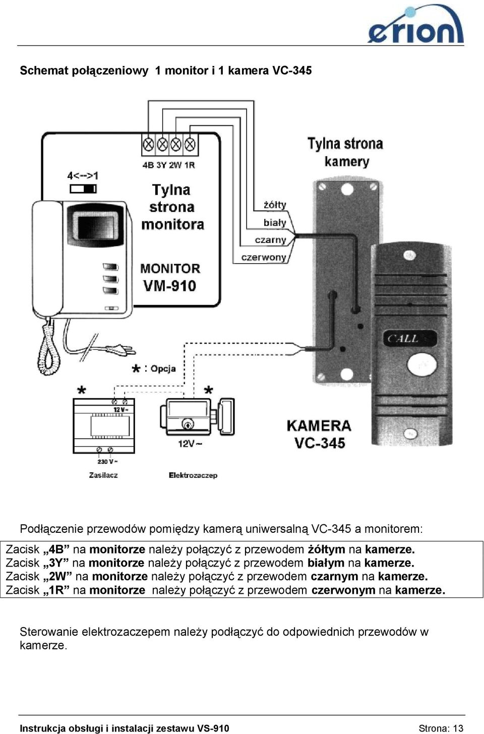 Zacisk 2W na monitorze należy połączyć z przewodem czarnym na kamerze.