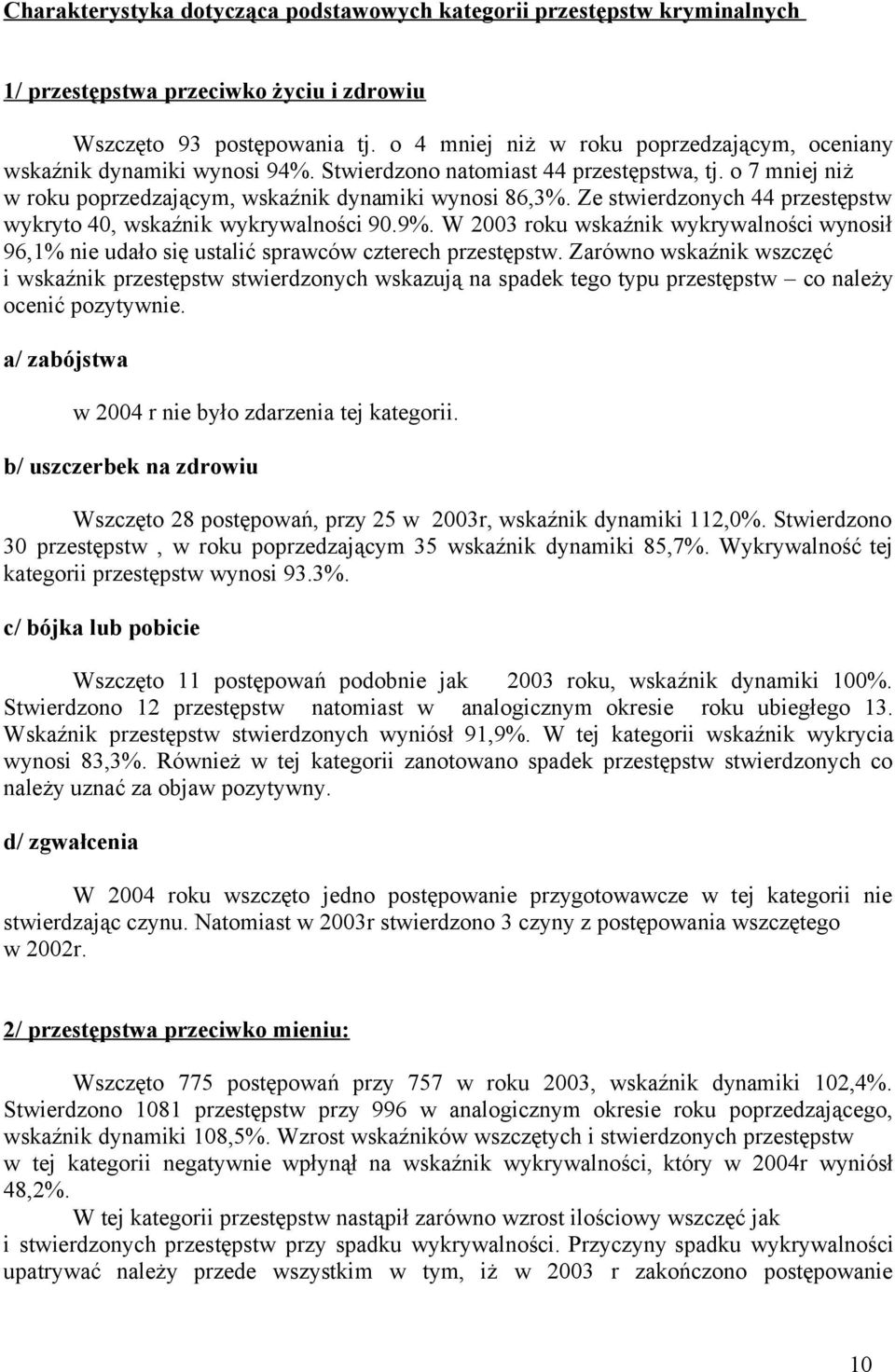 Ze stwierdzonych 44 przestępstw wykryto 40, wskaźnik wykrywalności 90.9%. W roku wskaźnik wykrywalności wynosił 96,1% nie udało się ustalić sprawców czterech przestępstw.