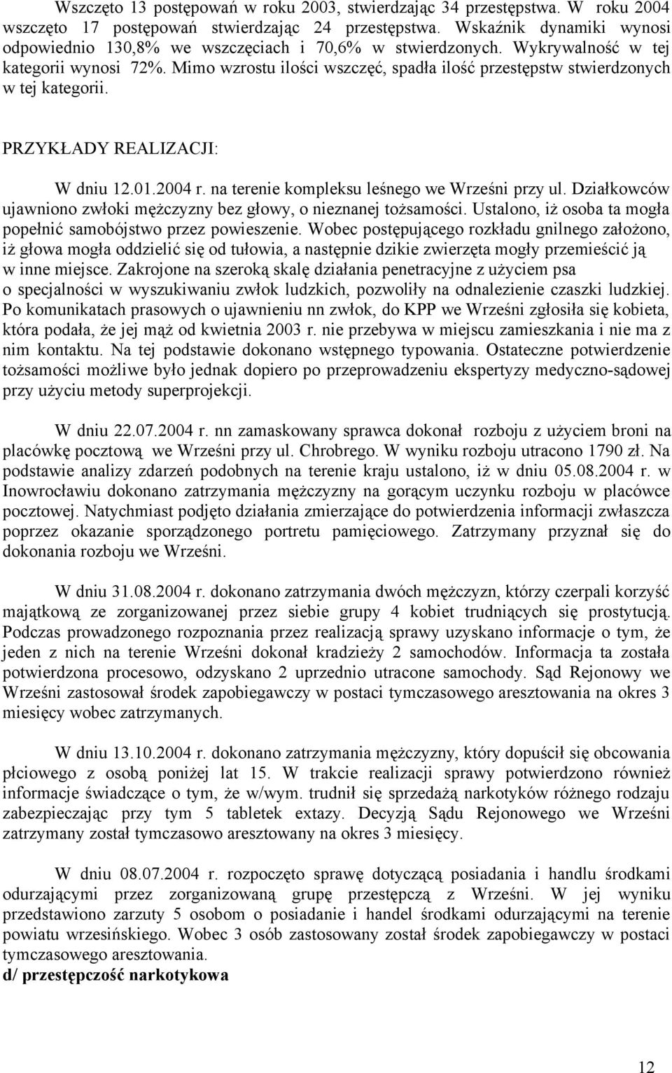 Mimo wzrostu ilości wszczęć, spadła ilość przestępstw stwierdzonych w tej kategorii. PRZYKŁADY REALIZACJI: W dniu 12.01. r. na terenie kompleksu leśnego we Wrześni przy ul.