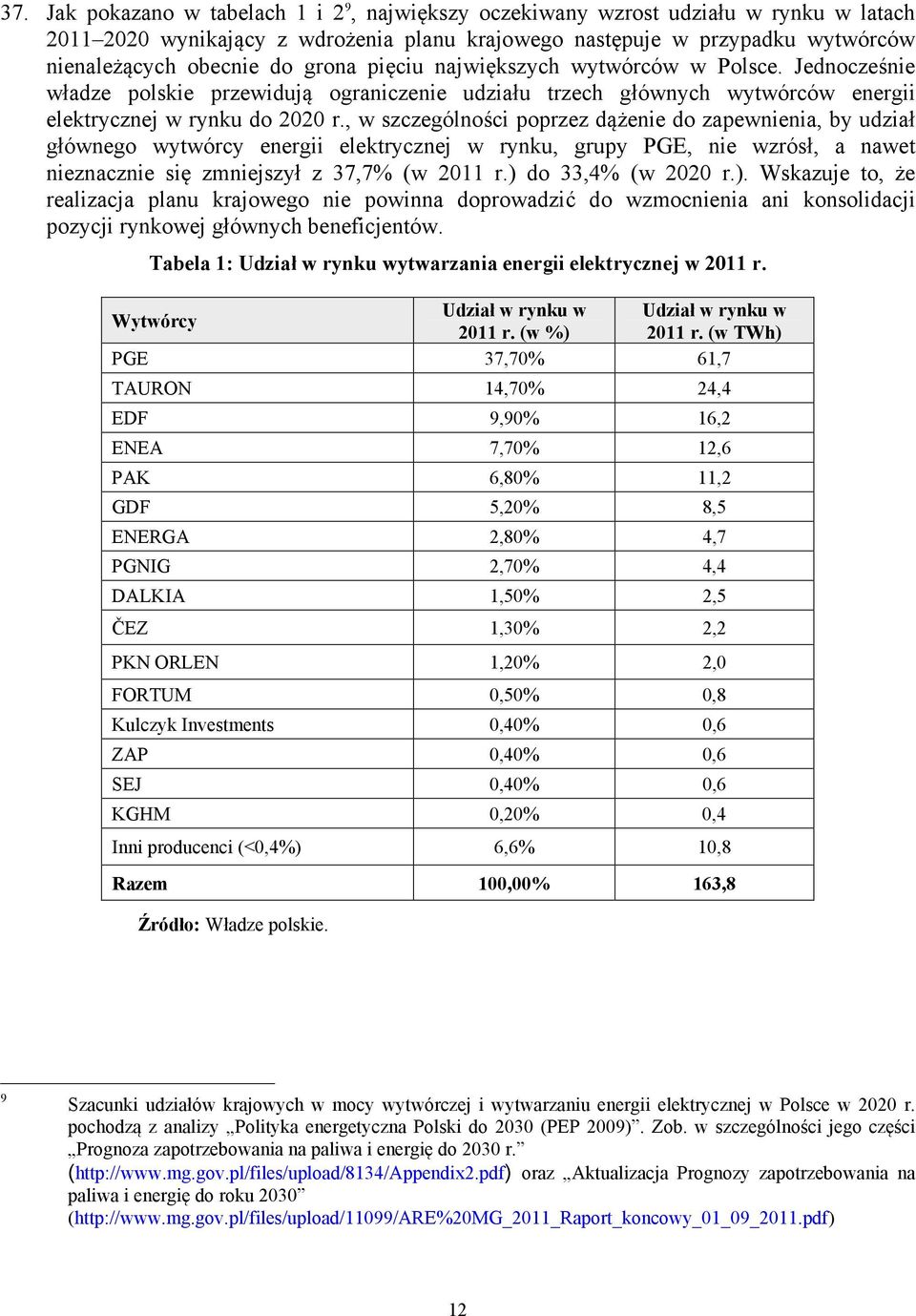 , w szczególności poprzez dążenie do zapewnienia, by udział głównego wytwórcy energii elektrycznej w rynku, grupy PGE, nie wzrósł, a nawet nieznacznie się zmniejszył z 37,7% (w 2011 r.