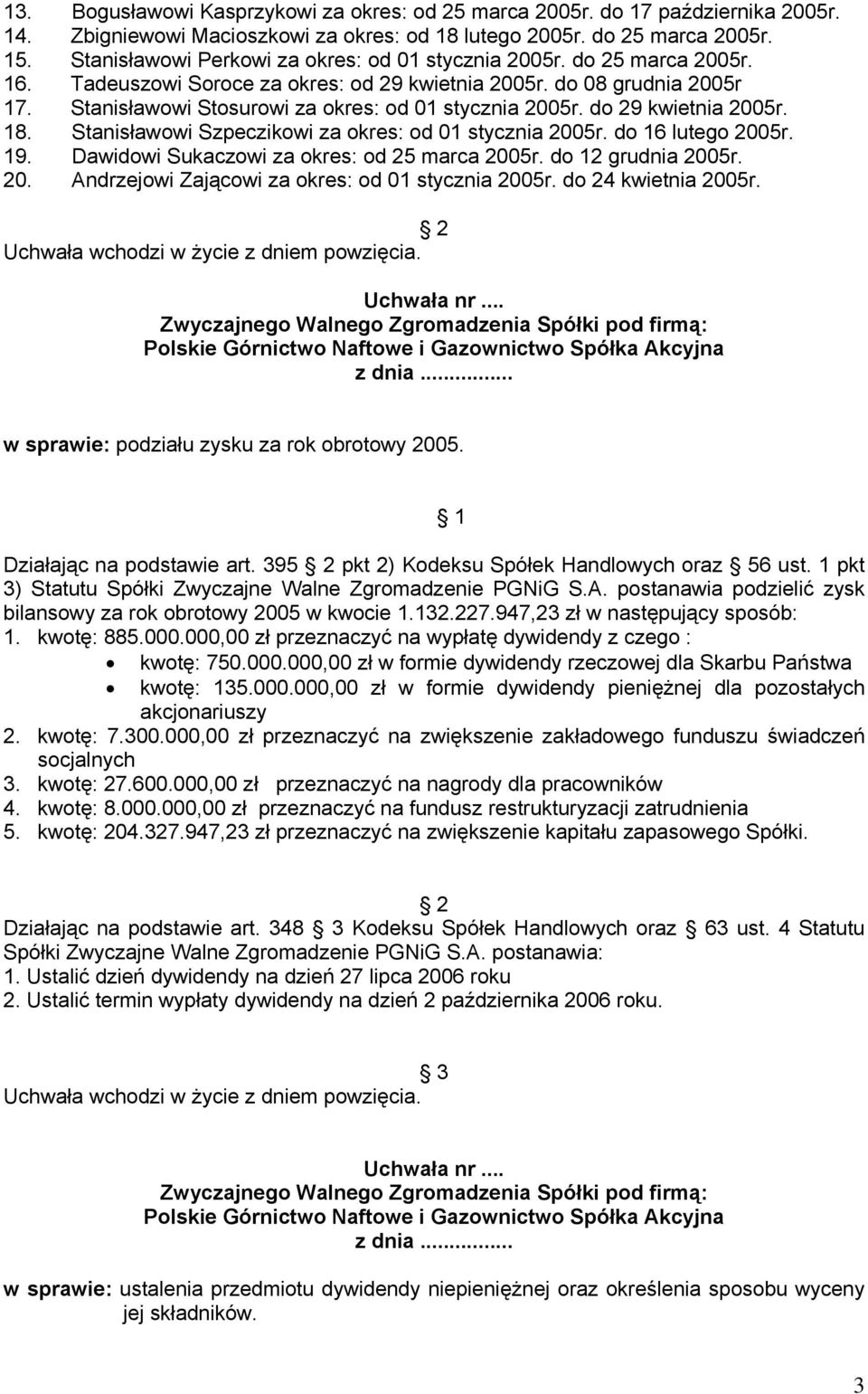 Stanisławowi Stosurowi za okres: od 01 stycznia 2005r. do 29 kwietnia 2005r. 18. Stanisławowi Szpeczikowi za okres: od 01 stycznia 2005r. do 16 lutego 2005r. 19.